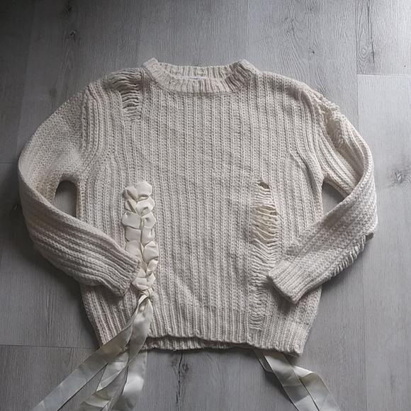 Moussy ribbon sweater beige chunky knit ripped - Picture 6 of 13